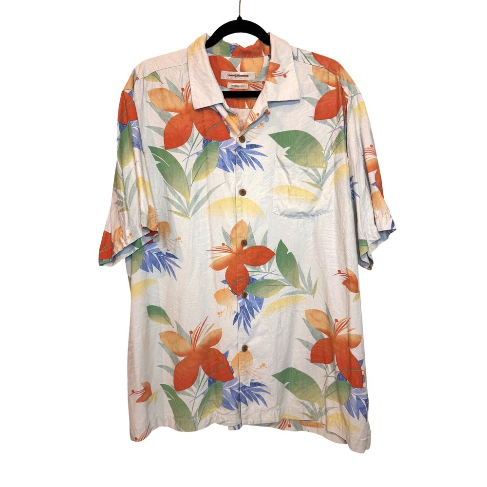 Tommy Bahama Mens XL Silk Hawaiian Shirt Original Fit Floral‎ Print Beige
